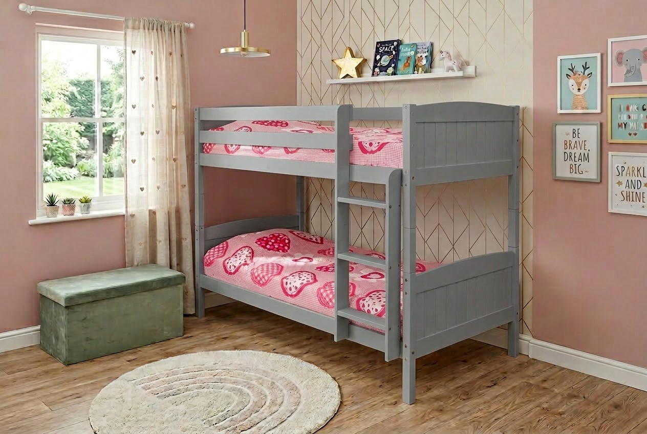 Grey 2ft6 Shorty 3ft Single Kids Childrens Wooden Bunk Bed With Mattress Options