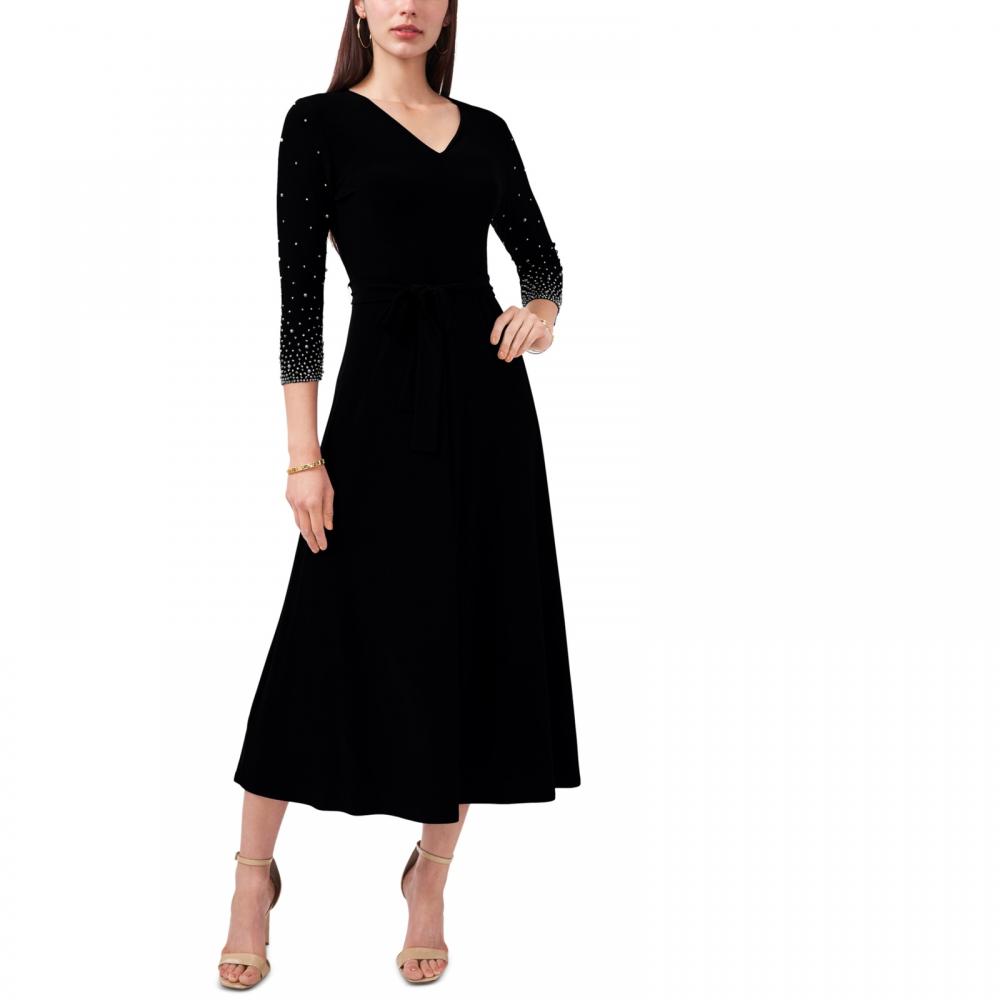 MSK Women's Midi Fit & Flare Dress Belted Solid 3/4 Sleeve Jersey V-Neck A2347 - Picture 9 of 18
