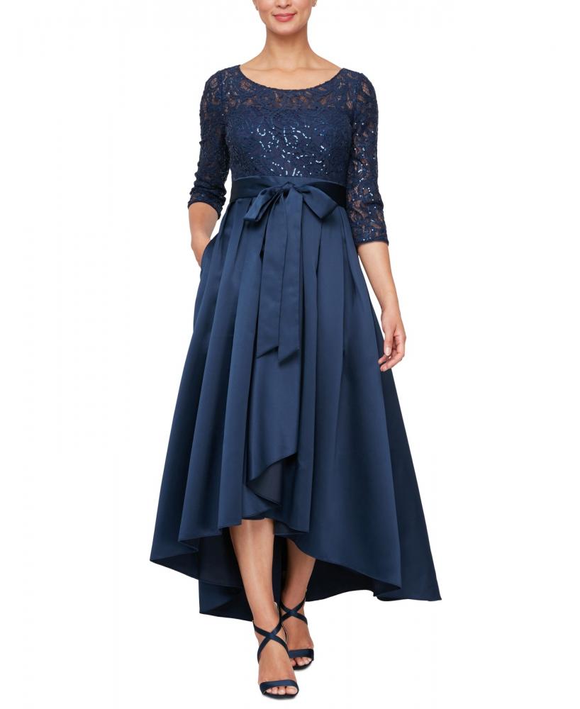 Alex Evenings Women's Long Ball Gown Dress Belted Solid 3/4 Sleeve Lace A2398 - Picture 9 of 23