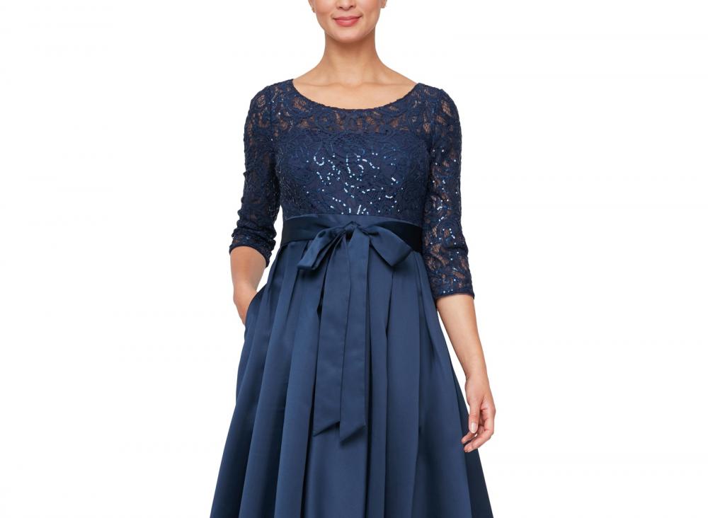 Alex Evenings Women's Long Ball Gown Dress Belted Solid 3/4 Sleeve Lace A2398 - Picture 10 of 23