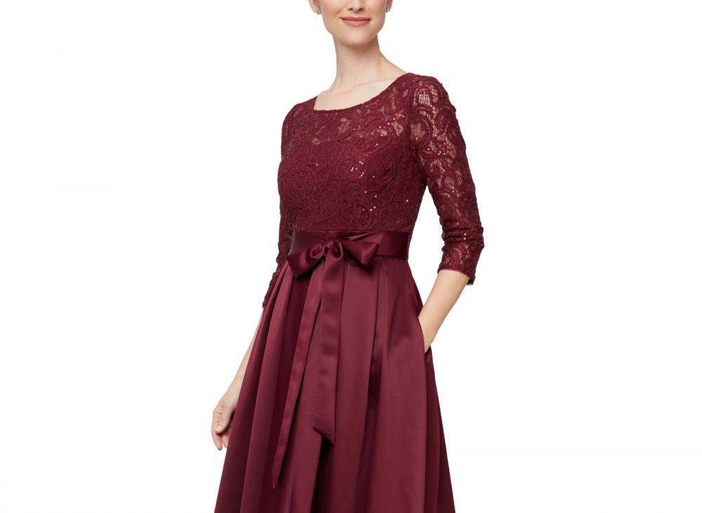 Alex Evenings Women's Long Ball Gown Dress Belted Solid 3/4 Sleeve Lace A2398 - Picture 18 of 23