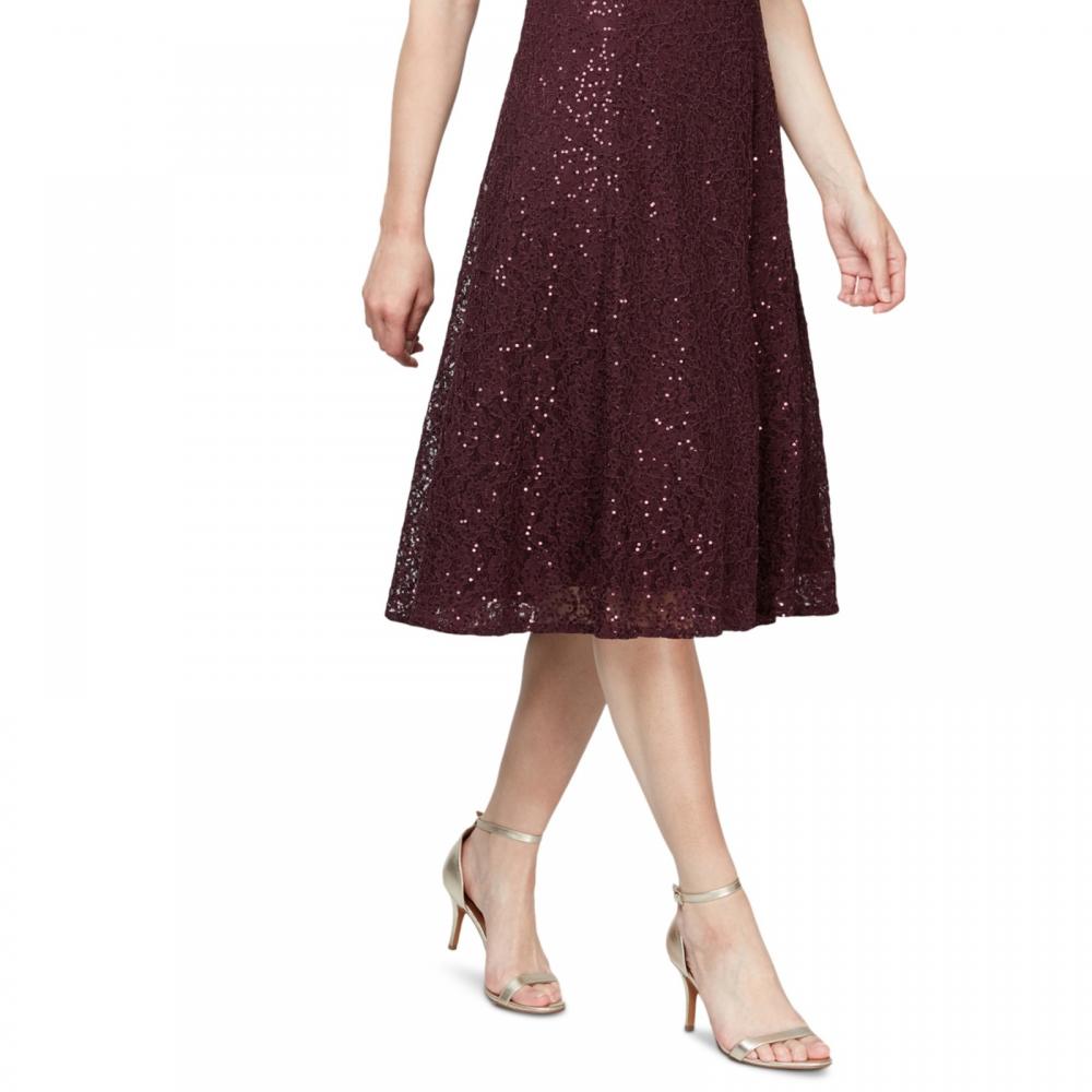 SLNY Womens Fig Sequined Short Sleeves Knee Length Dress