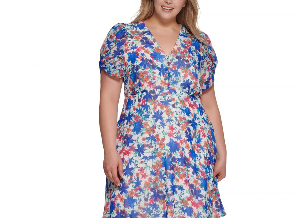 Calvin Klein Women's Knee Length Shift Dress  Floral Short Sleeve  V-Neck  A3007 - Picture 10 of 16