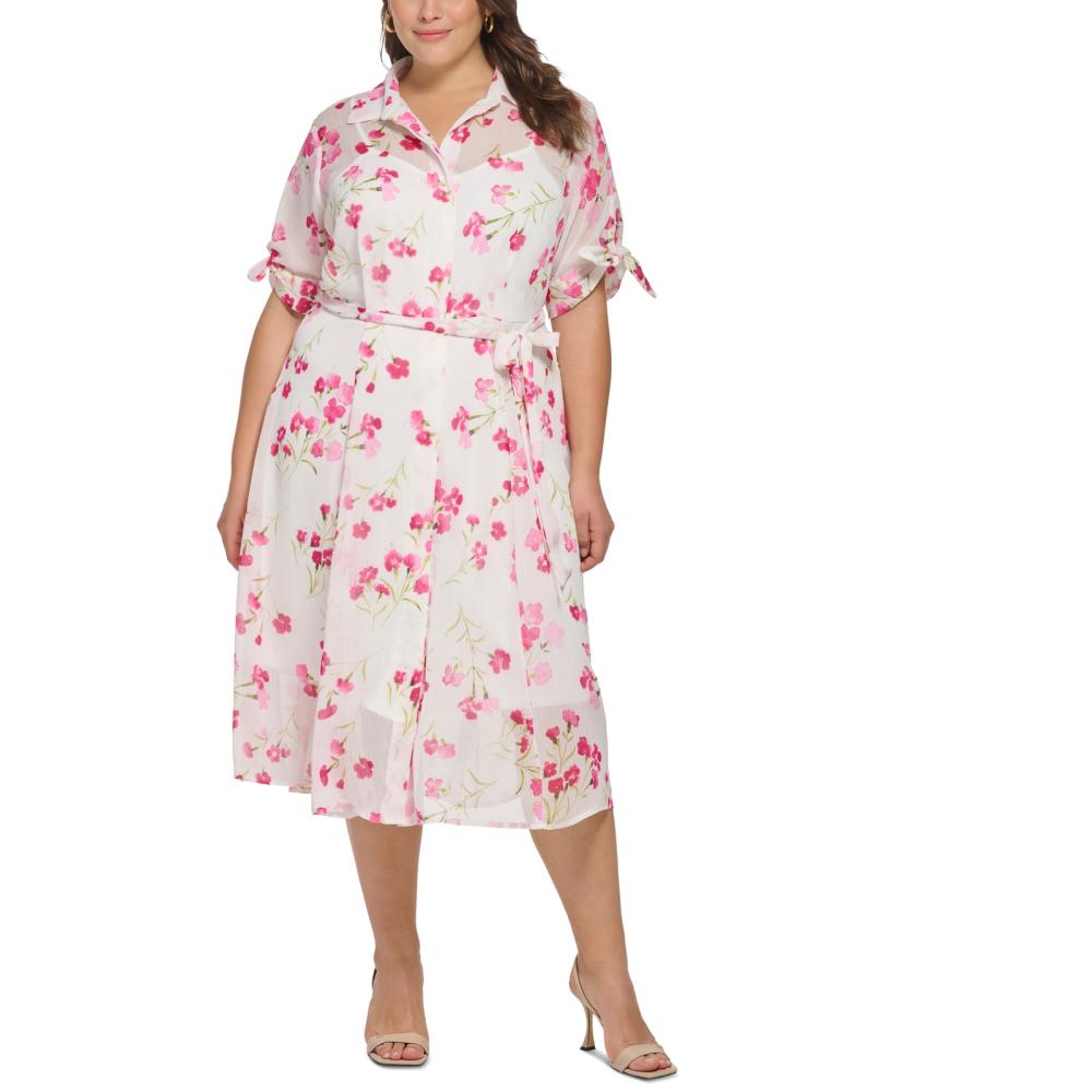 Calvin Klein Women Shirt Dress Midi Dress Short Sleeve Button Floral A6364 - Picture 10 of 18